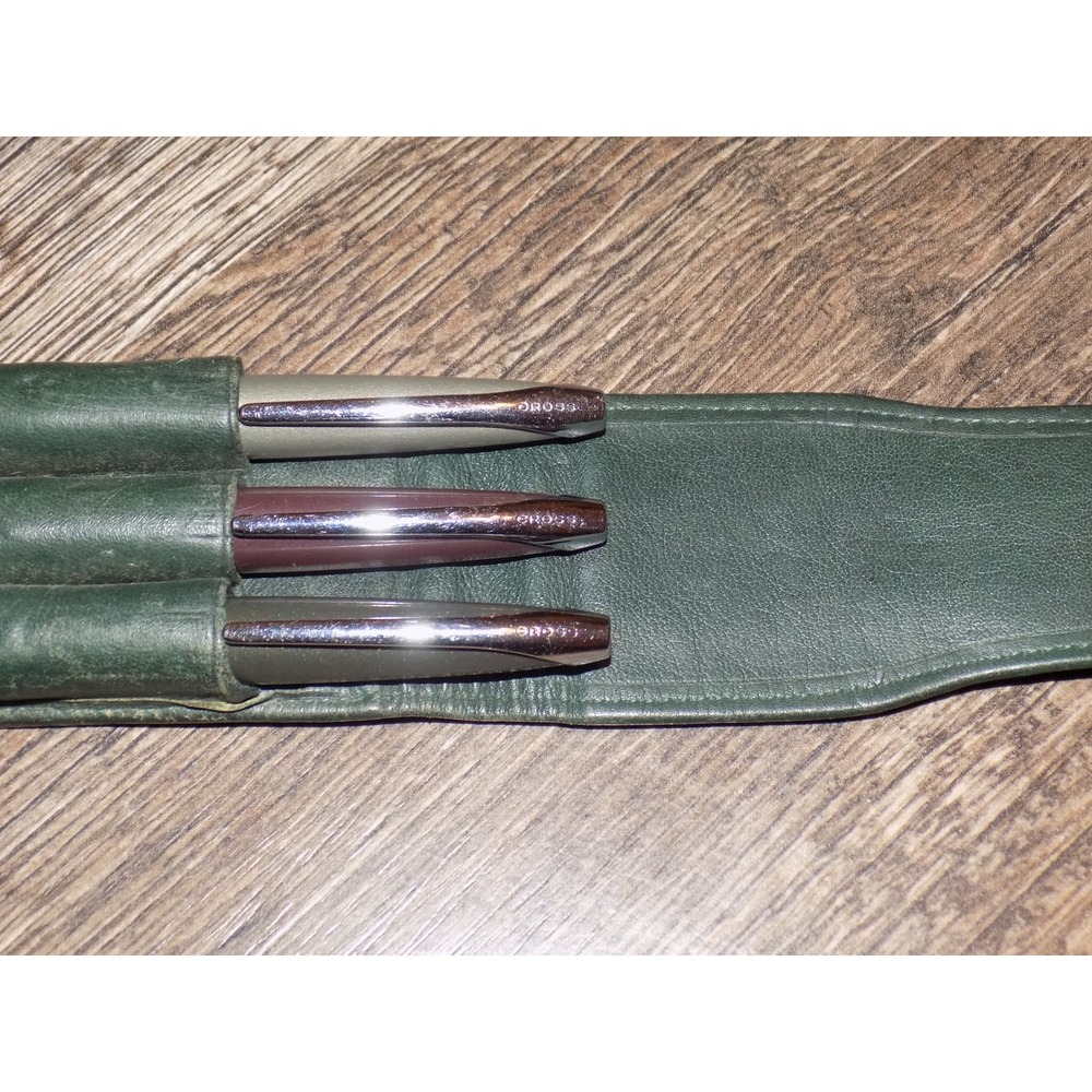 Cross Pen Set 3 Piece Rollerball Fountain Pens Green Leather Case Good Condition - Picture 6 of 8